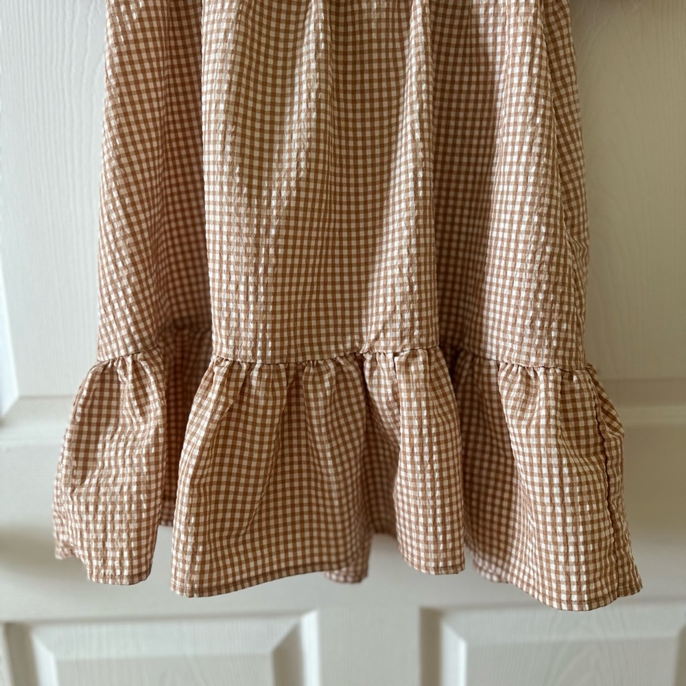 Forever 21 Gingham Puff-Sleeve Tiered Mini Dress - Beige & White - Picture 5 of 7